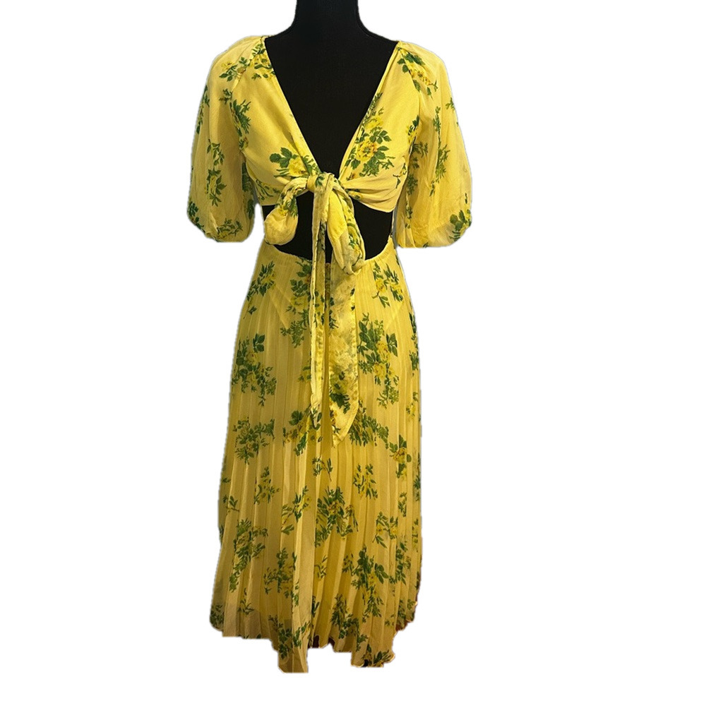 ASOS Design Yellow Floral Pleated Midi Dress – Size 0